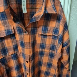 Amazon Women's Plaid Button Down Shirt - Orange and Blue